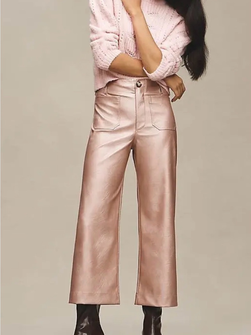 NWT Anthropologie Maeve Colette Metallic Pink Crop pants - Picture 1 of 9